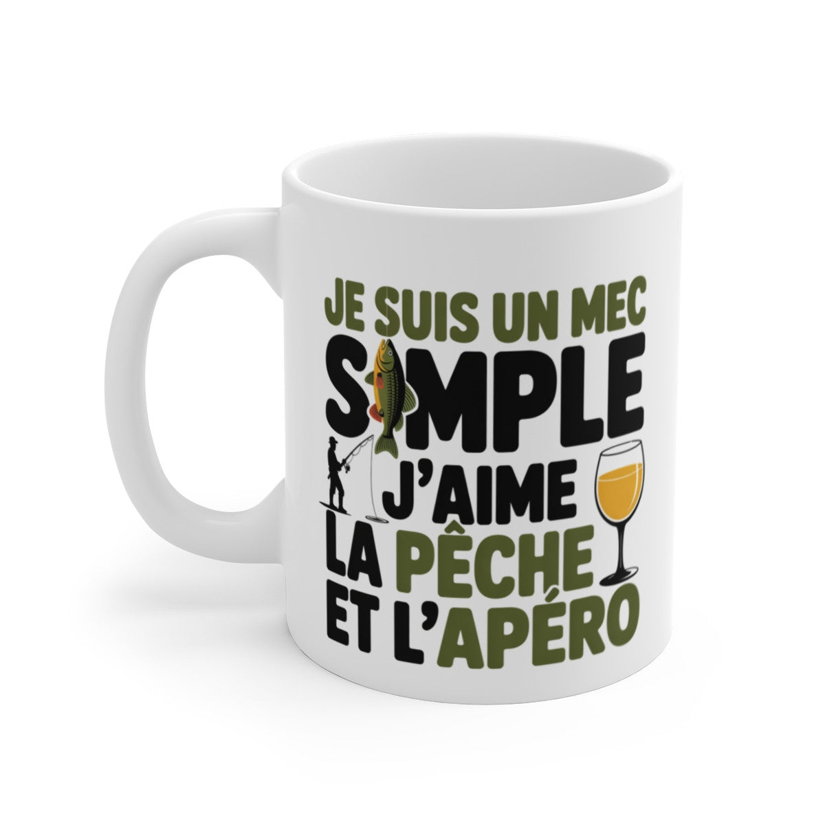 Mug Humour Pêche – « Je suis un mec simple, j’aime la pêche et l’apéro » – Cadeau pêcheur original – Tasse céramique 325 ml