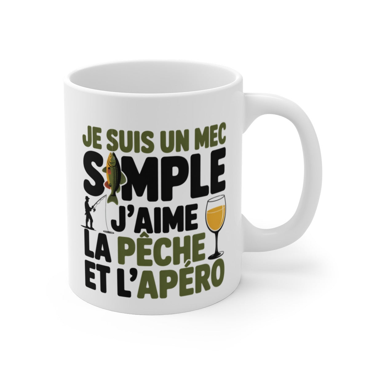 Mug Humour Pêche – « Je suis un mec simple, j’aime la pêche et l’apéro » – Cadeau pêcheur original – Tasse céramique 325 ml