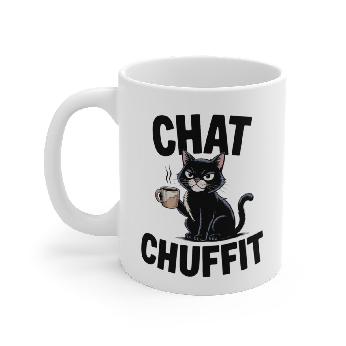 Mug Chat Humour – Chat Chuffit – Tasse Amusante avec Chat Noir Grognon et Café – Cadeau Original Amoureux des Chats
