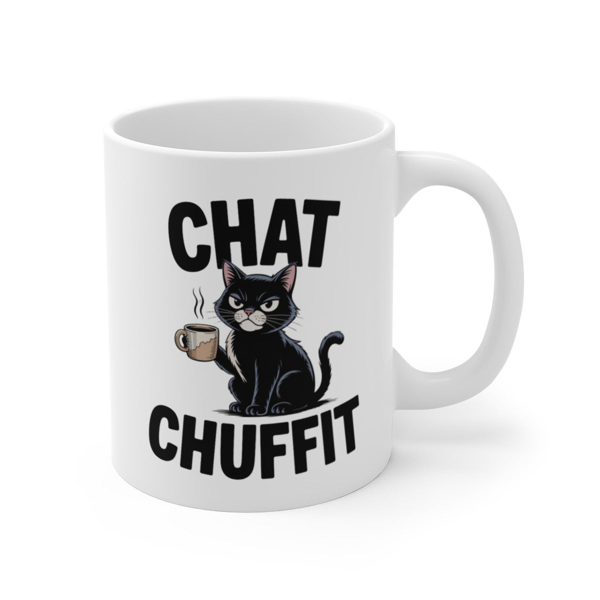 Mug Chat Humour – Chat Chuffit – Tasse Amusante avec Chat Noir Grognon et Café – Cadeau Original Amoureux des Chats