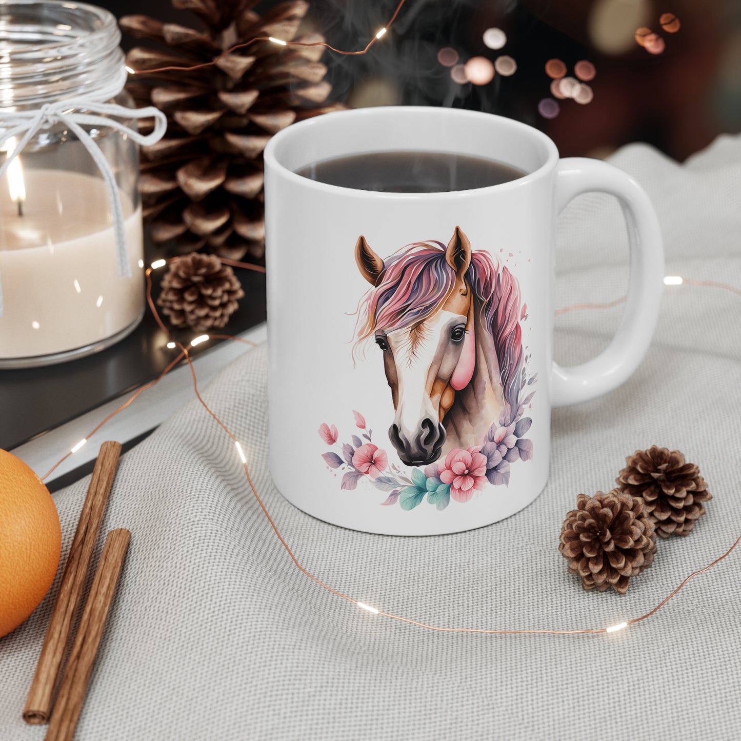 Mug Cheval Aquarelle 325ml – Tasse Céramique Design Équestre avec Fleurs – Cadeau Original Cavalier