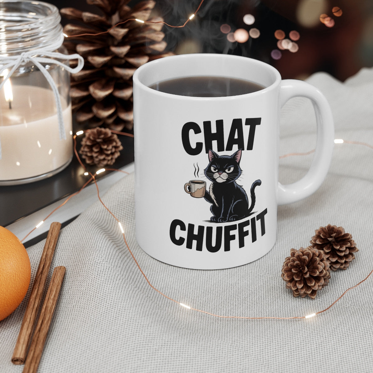 Mug Chat Humour – Chat Chuffit – Tasse Amusante avec Chat Noir Grognon et Café – Cadeau Original Amoureux des Chats