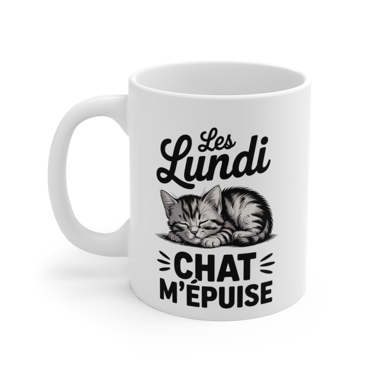 Mug Humour Chat – Les Lundi Chat m’Épuise – Tasse Amusante avec Chaton Fatigué – Cadeau Original