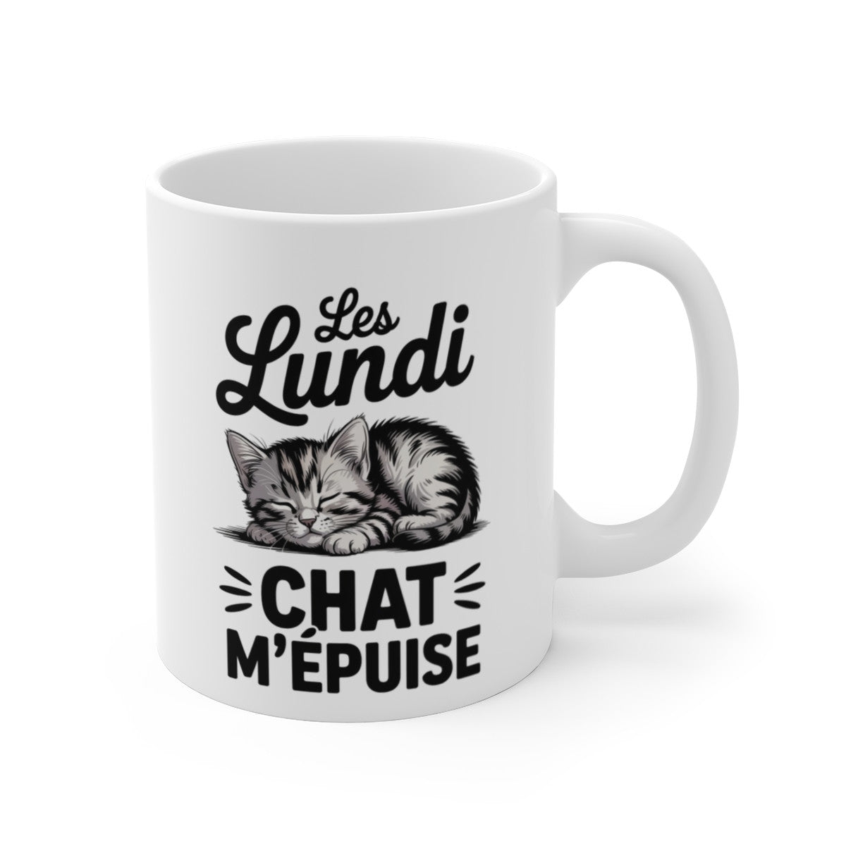 Mug Humour Chat – Les Lundi Chat m’Épuise – Tasse Amusante avec Chaton Fatigué – Cadeau Original