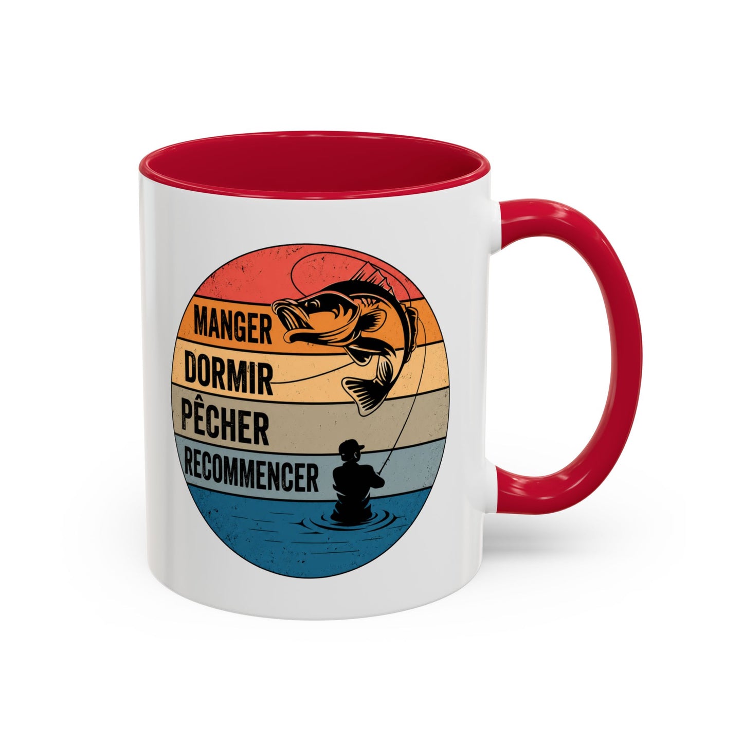 Mug Pêche Vintage – Tasse Pêcheur avec Poisson – Cadeau Homme Passionné de Canne et Loisirs en Plein Air – 325 ml Noir Bleu Rouge
