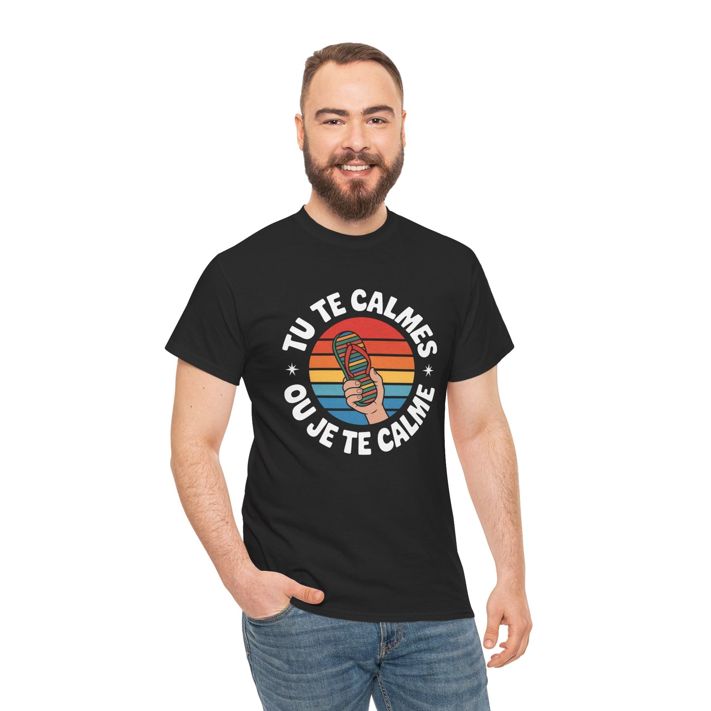 Tee Shirt Tu te calmes ou je te calme – T-Shirt Unisexe Humour Claquette Rétro Soleil Vintage Noir S-3XL