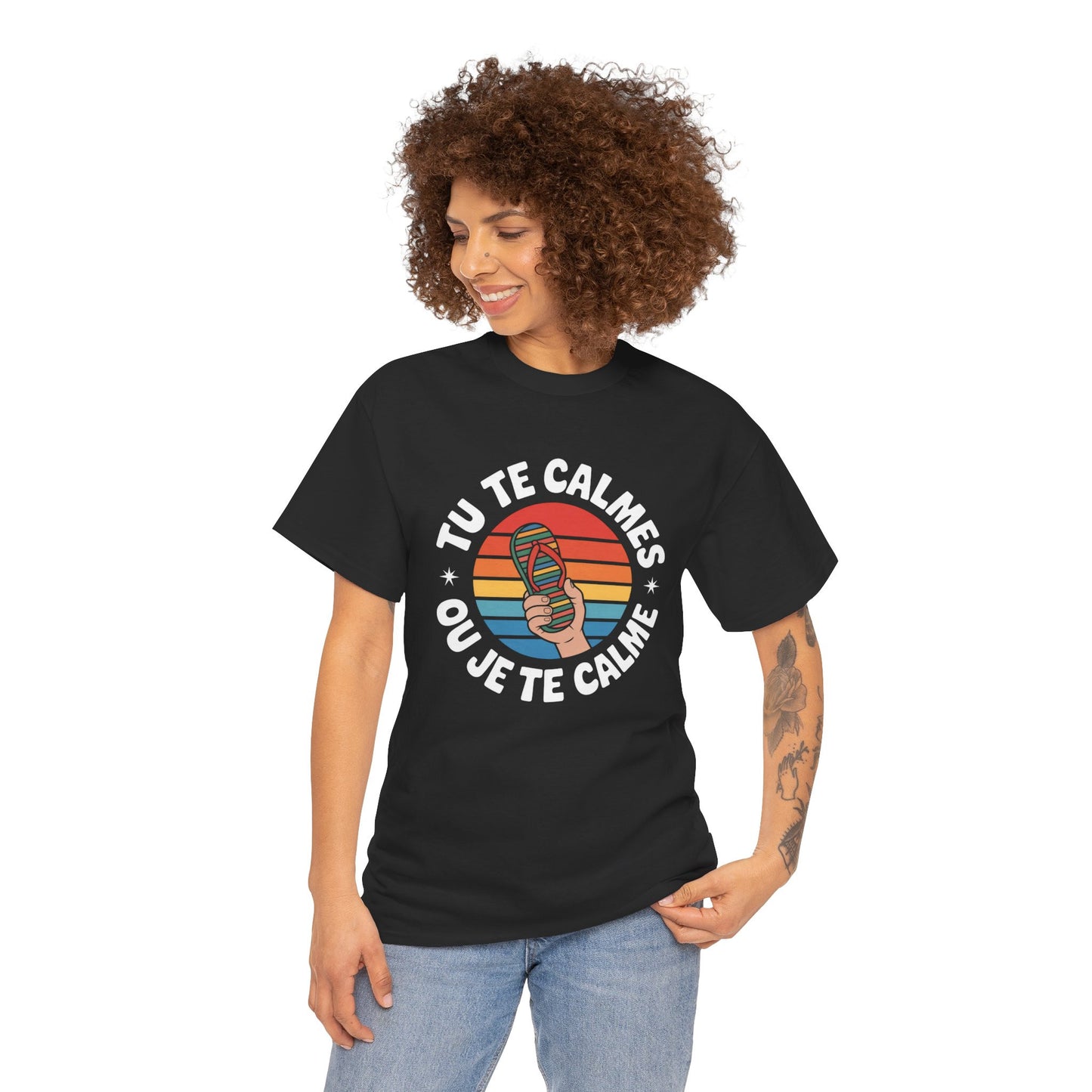 Tee Shirt Tu te calmes ou je te calme – T-Shirt Unisexe Humour Claquette Rétro Soleil Vintage Noir S-3XL