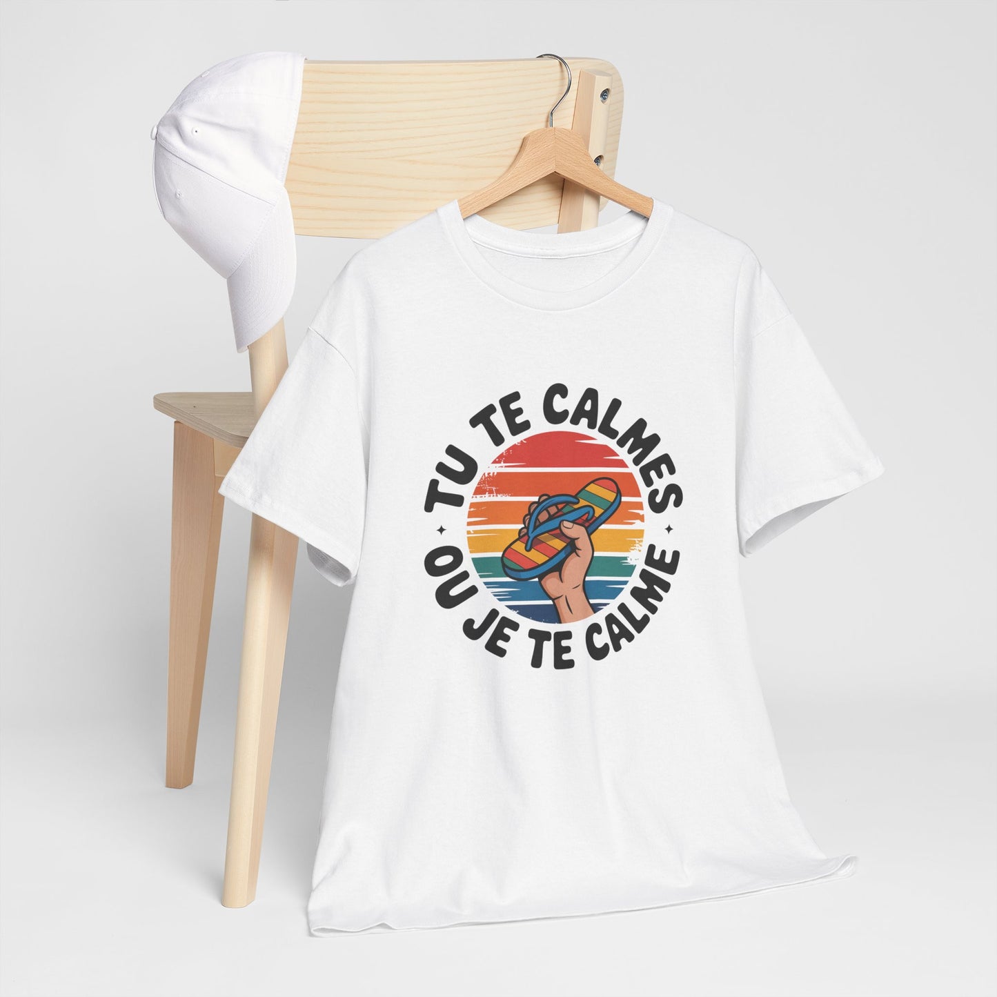 Tee Shirt Tu te calmes ou je te calme – T-Shirt Unisexe Humour Claquette Vintage Été Blanc ou Sport Grey S-3XL