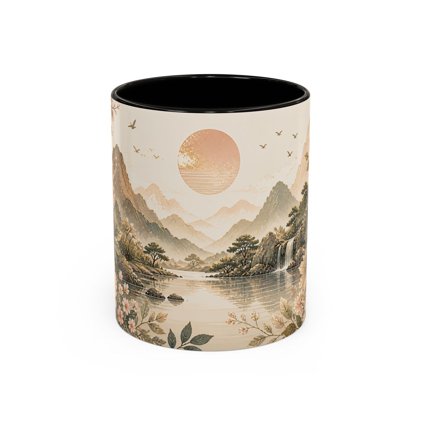 Tasse Paysage Japonais Zen – Mug Floral Beige avec Montagnes, Rivière et Ambiance Asiatique Apaisante 325ml