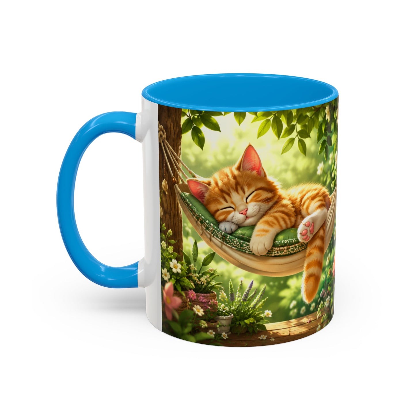 Tasse Chat Dormeur Kawaii – Mug Chaton Endormi Hamac Fleuri – Cadeau Amoureux des Chats 325ml
