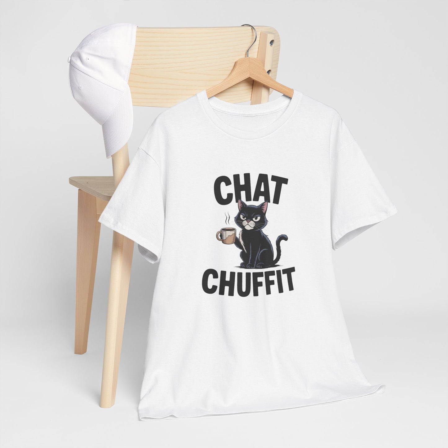 T-shirt Drôle “Chat Chuffit” – Tee Shirt Humour Chat Café Blanc Gris – Idée Cadeau Amoureux des Chats