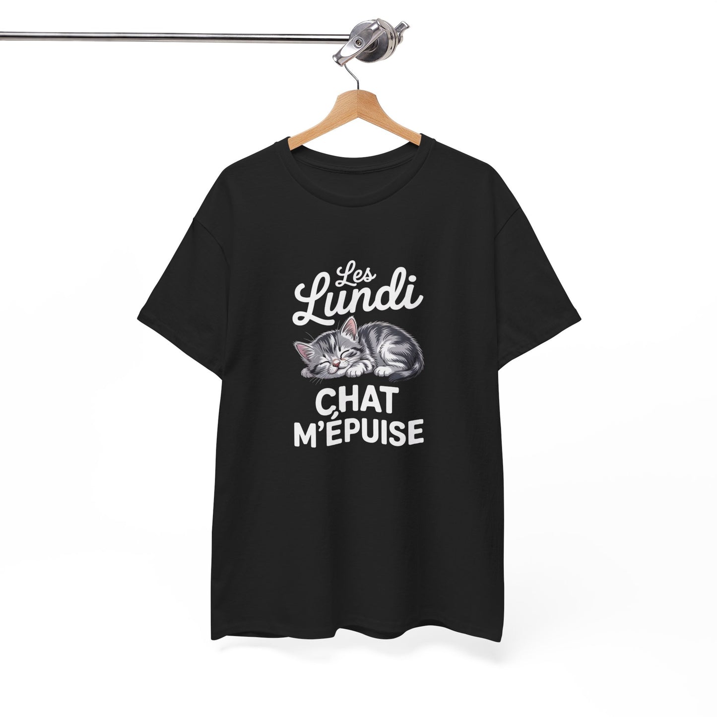 T-shirt Drôle “Les Lundi Chat M’Épuise” – Tee Shirt Humour Chat Fatigué Noir – Idée Cadeau Amoureux des Chats