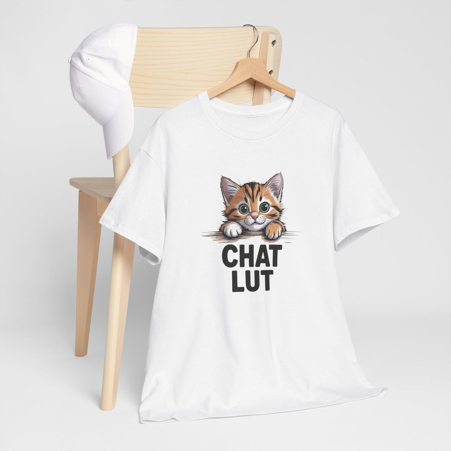 T-shirt Drôle “Chat Lut” – Tee Shirt Humour Chat Mignon Blanc Gris – Idée Cadeau Amoureux des Chats