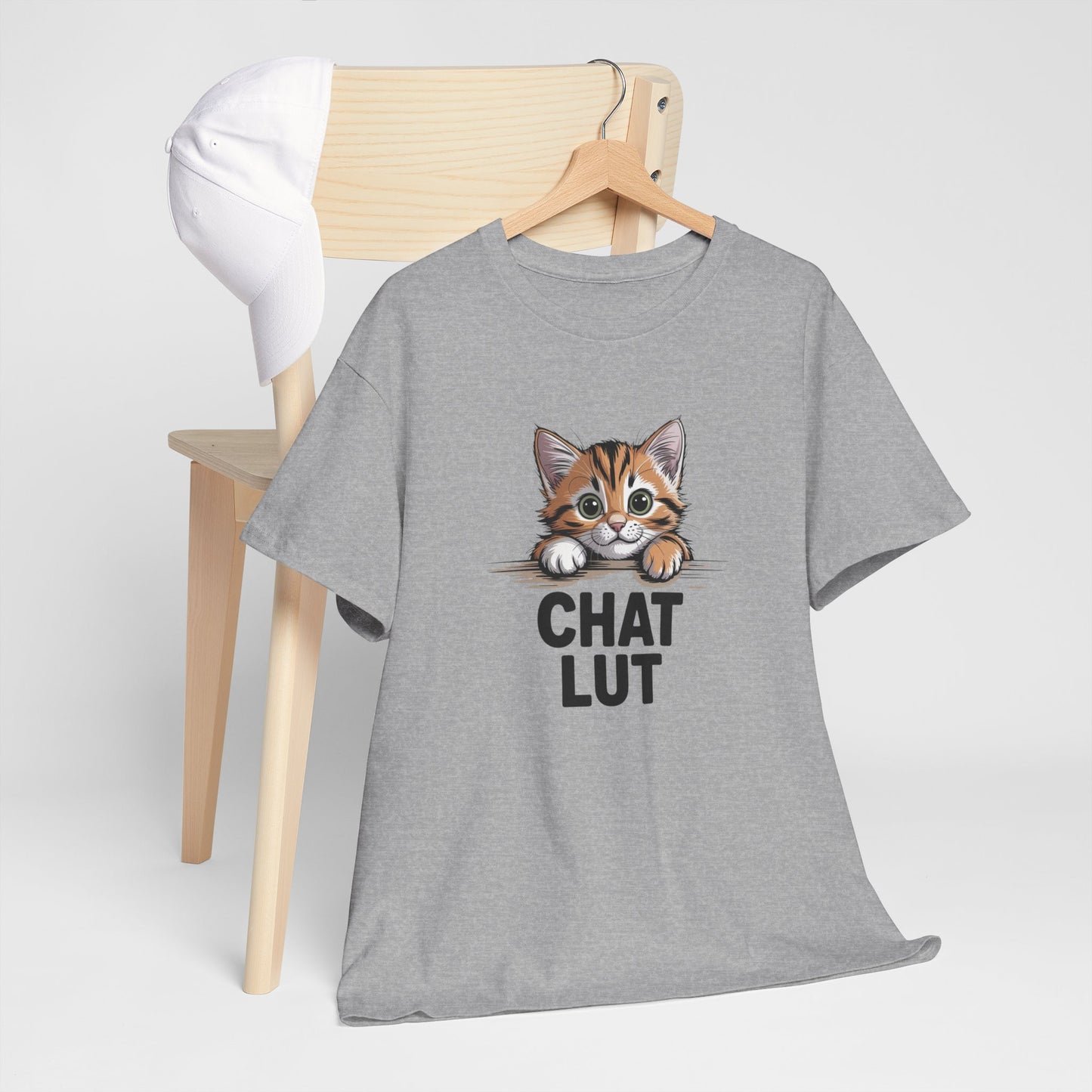 T-shirt Drôle “Chat Lut” – Tee Shirt Humour Chat Mignon Blanc Gris – Idée Cadeau Amoureux des Chats