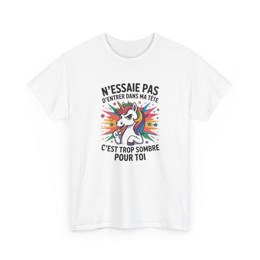T-shirt Drôle N’essaie pas d’entrer dans ma têteTee Shirt Humour Licorne Blanc Gris