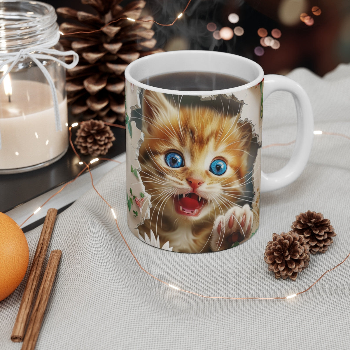 Mug Chat 3D Réaliste – Tasse Céramique 325ml – Design Chaton aux Yeux Bleus
