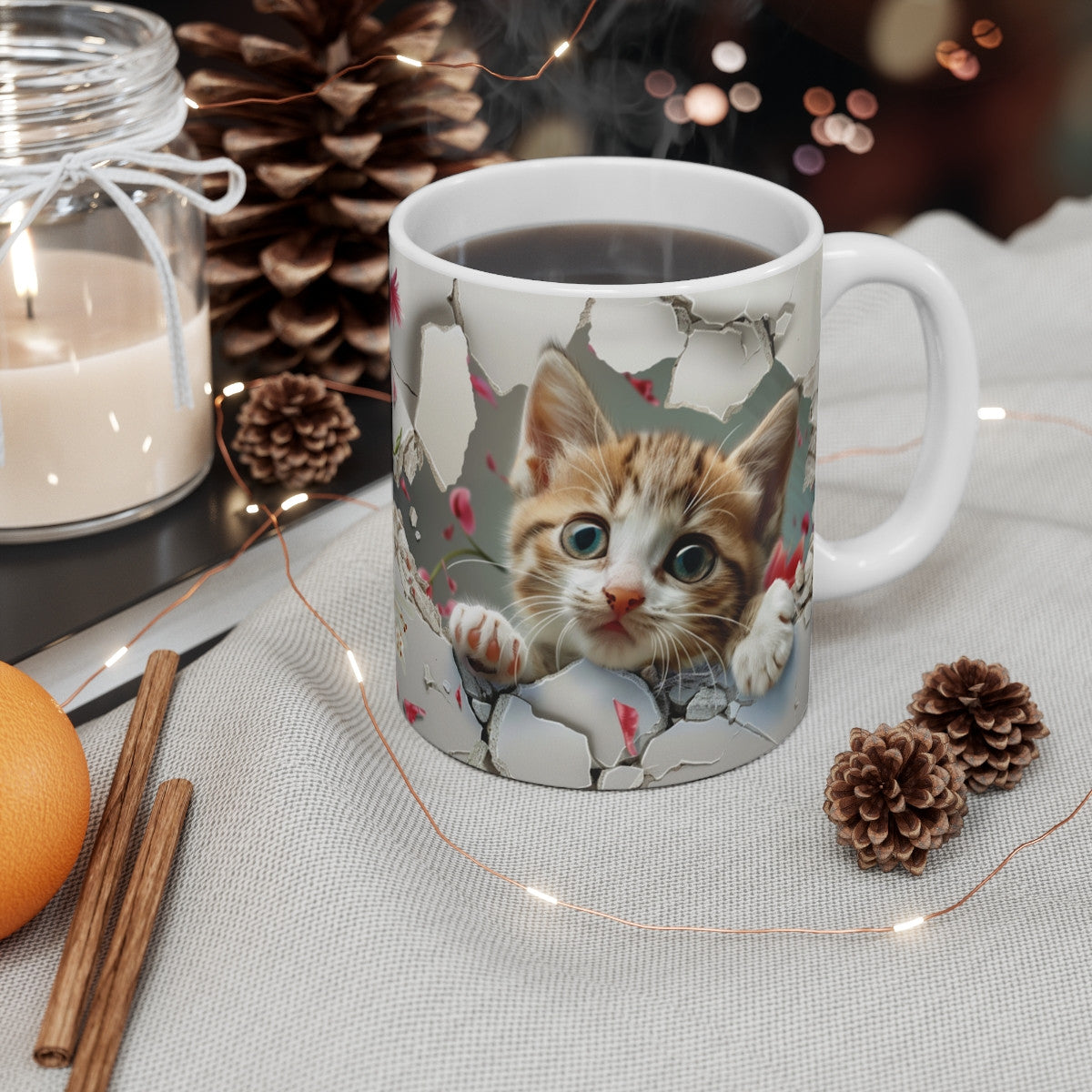 Mug Chat 3D Mignon – Tasse Céramique 325ml – Design Chaton Réaliste Effet Mur Fissuré