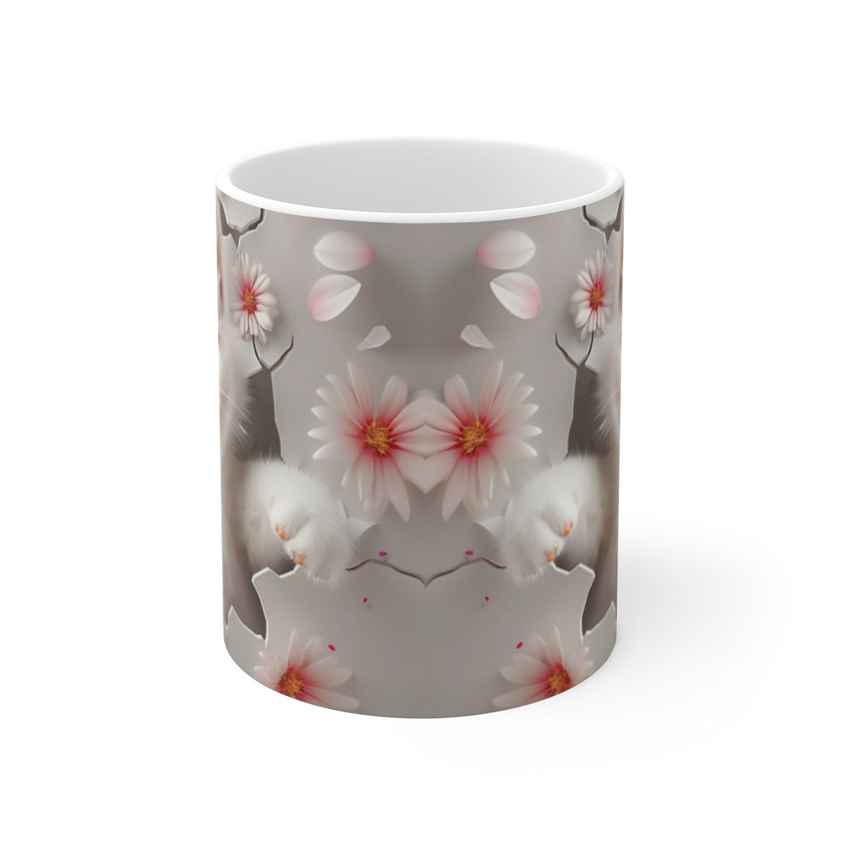 Mug Chat Blanc 3D – Tasse Céramique 325ml – Design Chaton Réaliste et Fleurs Roses