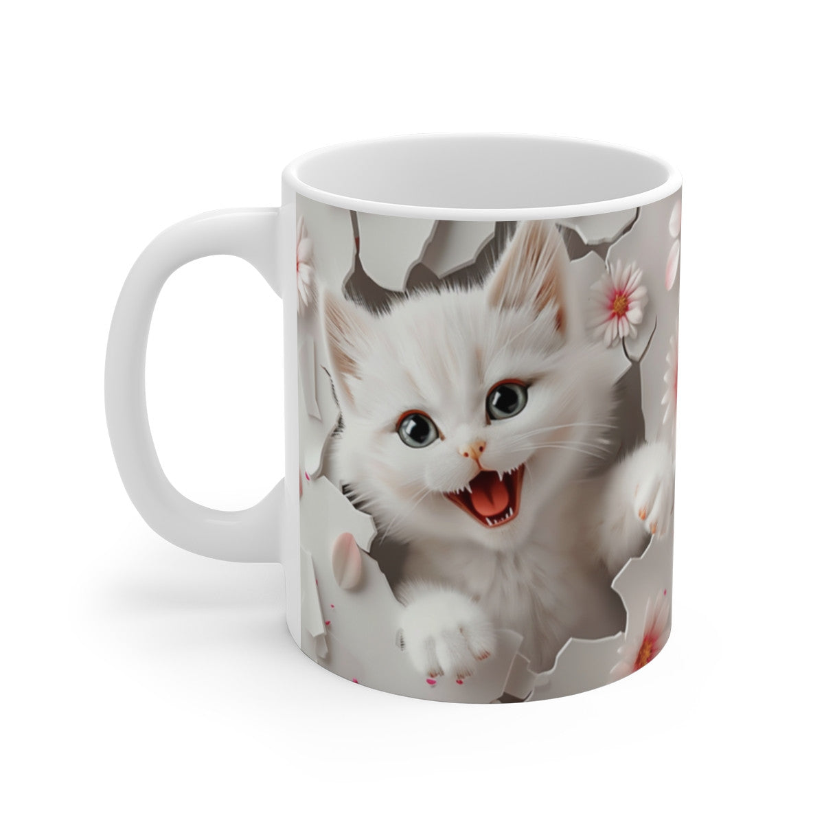 Mug Chat Blanc 3D – Tasse Céramique 325ml – Design Chaton Réaliste et Fleurs Roses