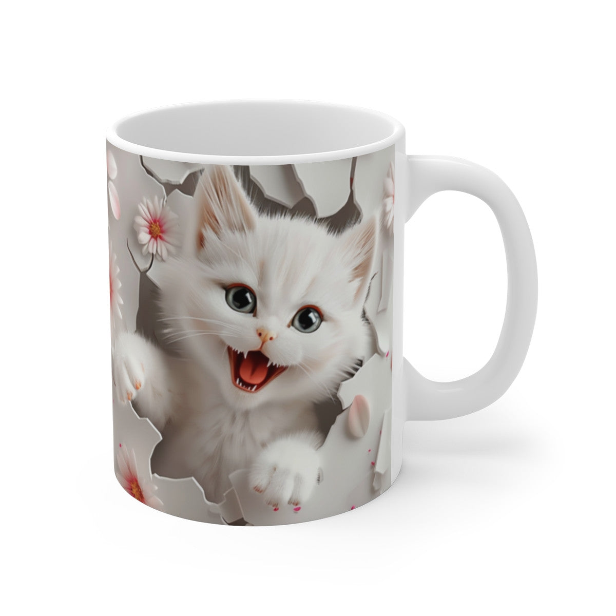 Mug Chat Blanc 3D – Tasse Céramique 325ml – Design Chaton Réaliste et Fleurs Roses
