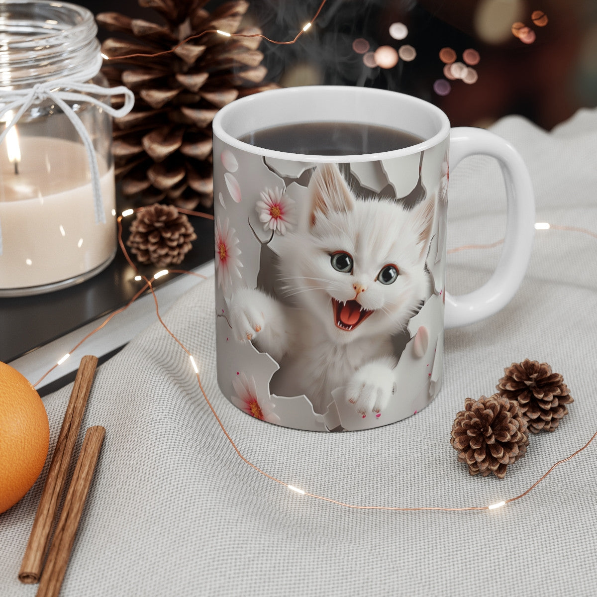 Mug Chat Blanc 3D – Tasse Céramique 325ml – Design Chaton Réaliste et Fleurs Roses