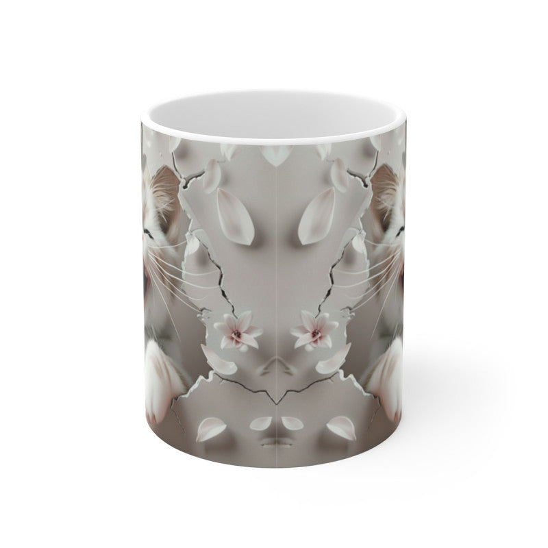 Mug Chaton Rieur 3D – Tasse Céramique 325ml – Design Chat Réaliste et Fleurs Roses