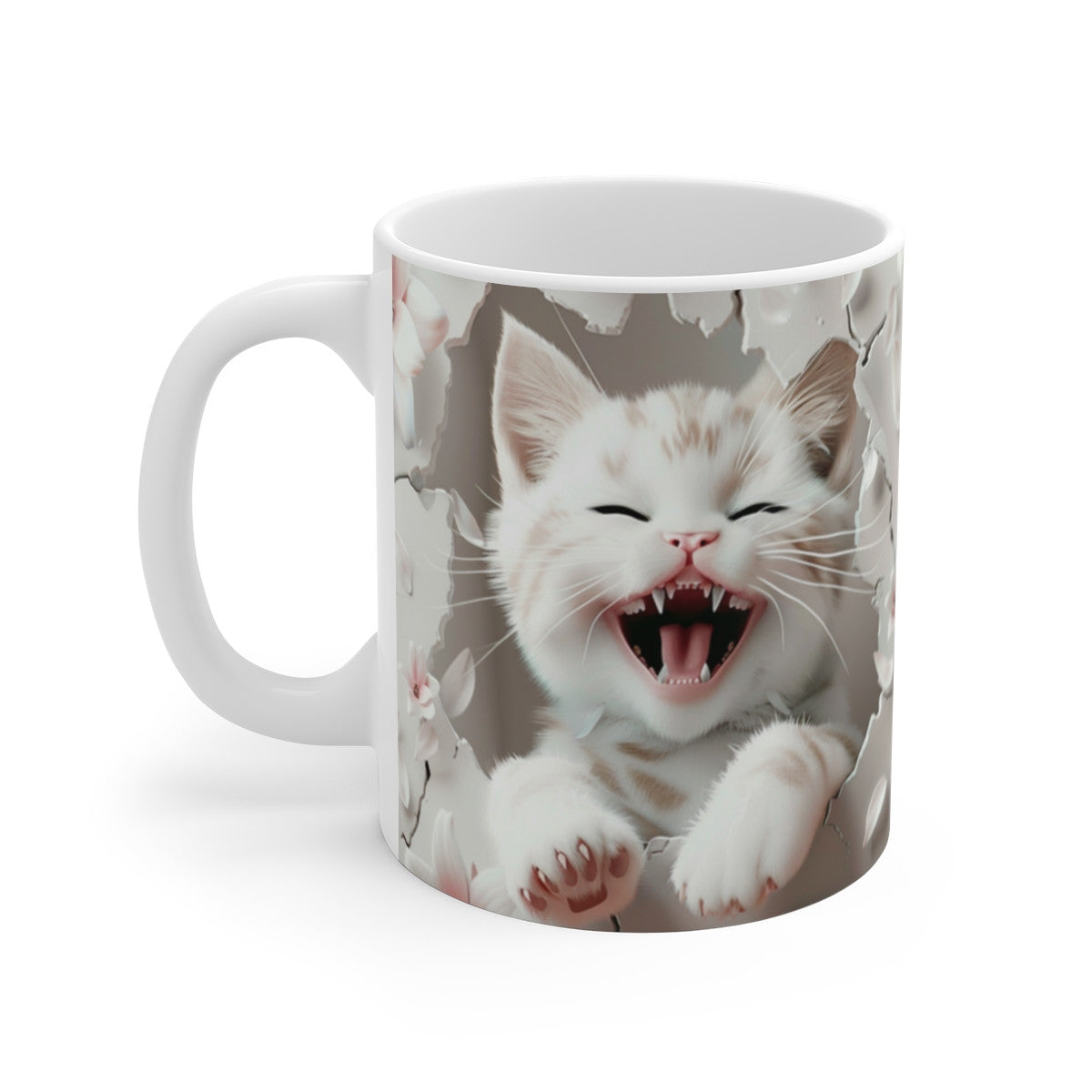 Mug Chaton Rieur 3D – Tasse Céramique 325ml – Design Chat Réaliste et Fleurs Roses