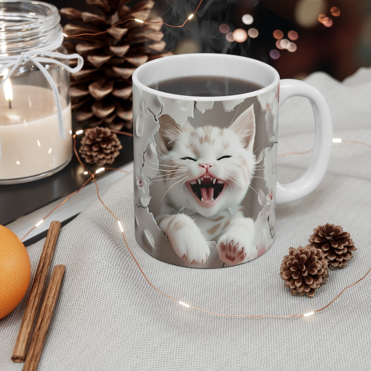 Mug Chaton Rieur 3D – Tasse Céramique 325ml – Design Chat Réaliste et Fleurs Roses