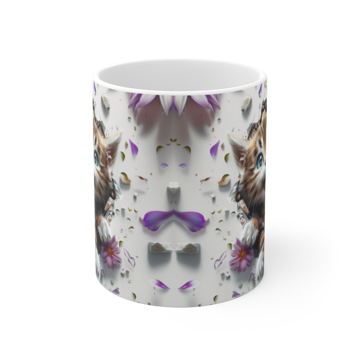 Mug Chat Tigré 3D – Tasse Céramique 325ml – Design Chaton Joyeux aux Yeux Bleus et Fleurs Violettes