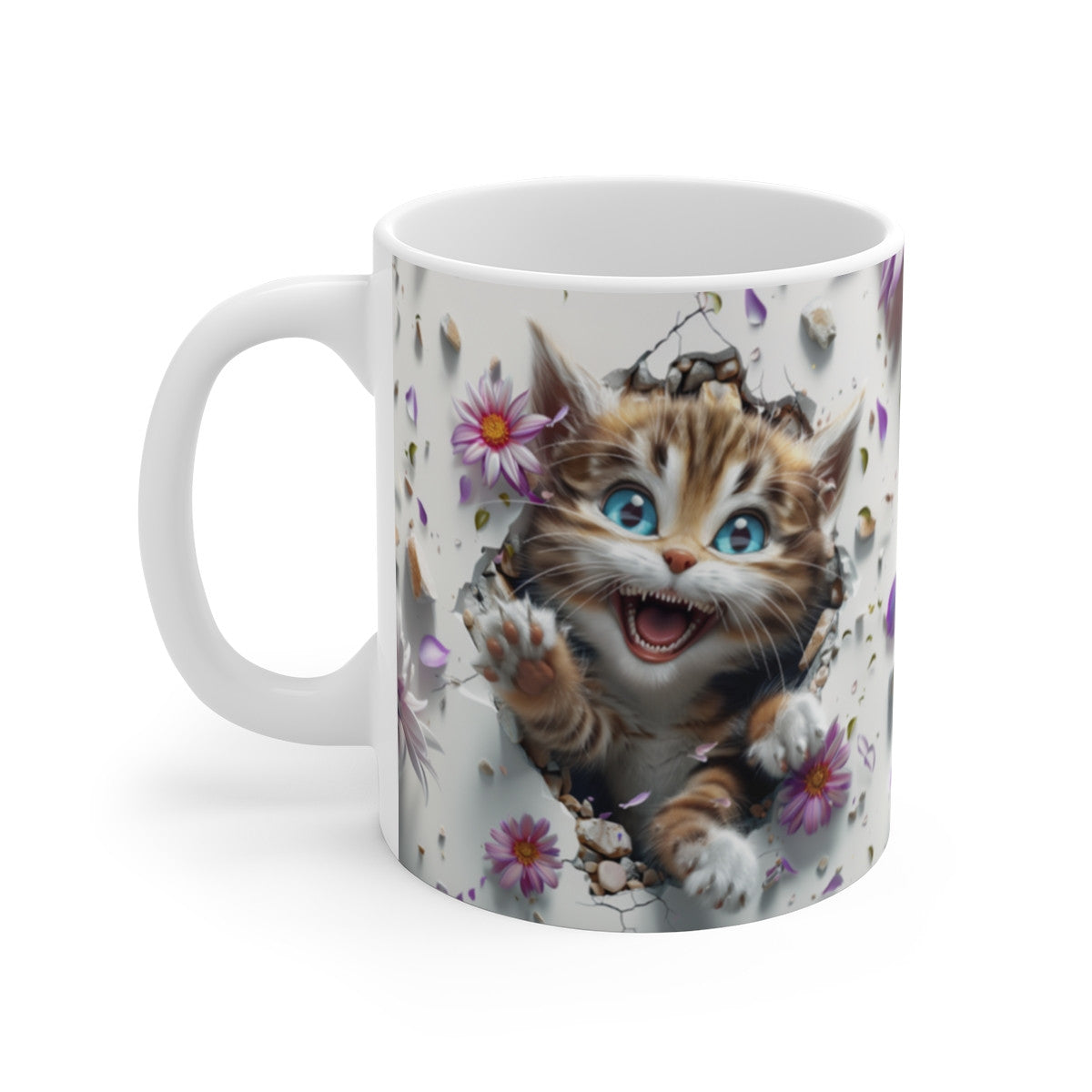 Mug Chat Tigré 3D – Tasse Céramique 325ml – Design Chaton Joyeux aux Yeux Bleus et Fleurs Violettes