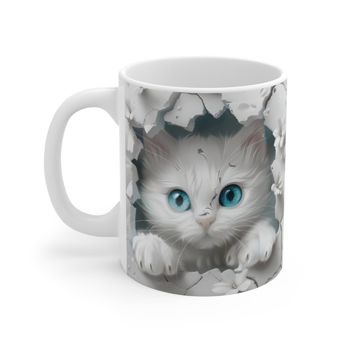 Mug Chat Blanc 3D – Tasse Céramique 325ml – Design Chaton aux Yeux Bleus et Fleurs Blanches