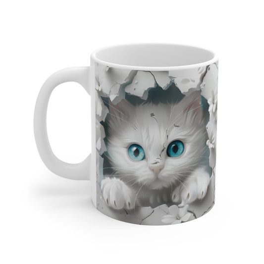 Mug Chat Blanc 3D – Tasse Céramique 325ml – Design Chaton aux Yeux Bleus et Fleurs Blanches