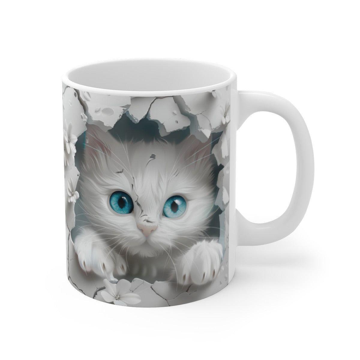 Mug Chat Blanc 3D – Tasse Céramique 325ml – Design Chaton aux Yeux Bleus et Fleurs Blanches