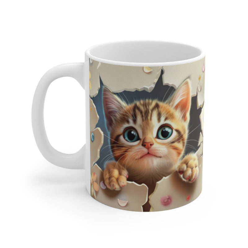 Mug Chat Tigré 3D – Tasse Céramique 325ml – Design Chaton Mignon Effet Mur Fissuré