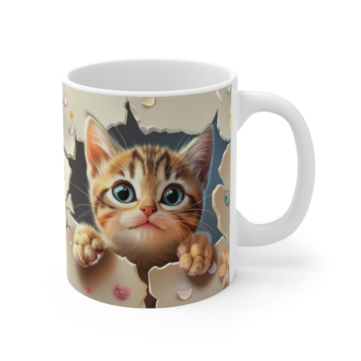 Mug Chat Tigré 3D – Tasse Céramique 325ml – Design Chaton Mignon Effet Mur Fissuré