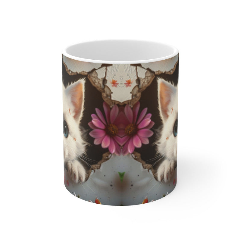 Mug Chat Blanc Fleurs 3D – Tasse Céramique 325ml – Design Chaton aux Yeux Bleus et Fleurs Colorées