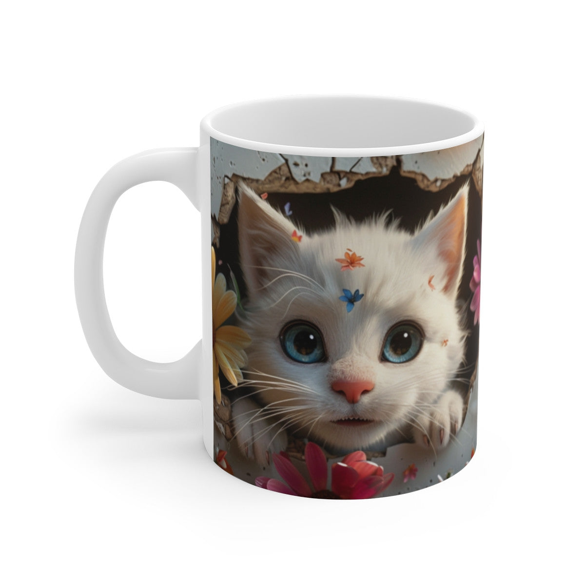 Mug Chat Blanc Fleurs 3D – Tasse Céramique 325ml – Design Chaton aux Yeux Bleus et Fleurs Colorées