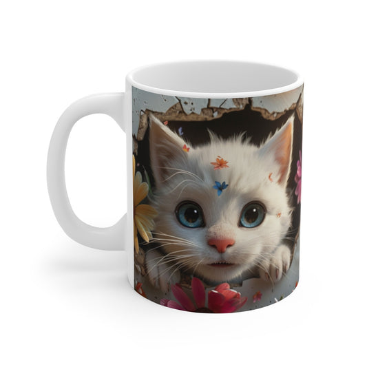Mug Chat Blanc Fleurs 3D – Tasse Céramique 325ml – Design Chaton aux Yeux Bleus et Fleurs Colorées