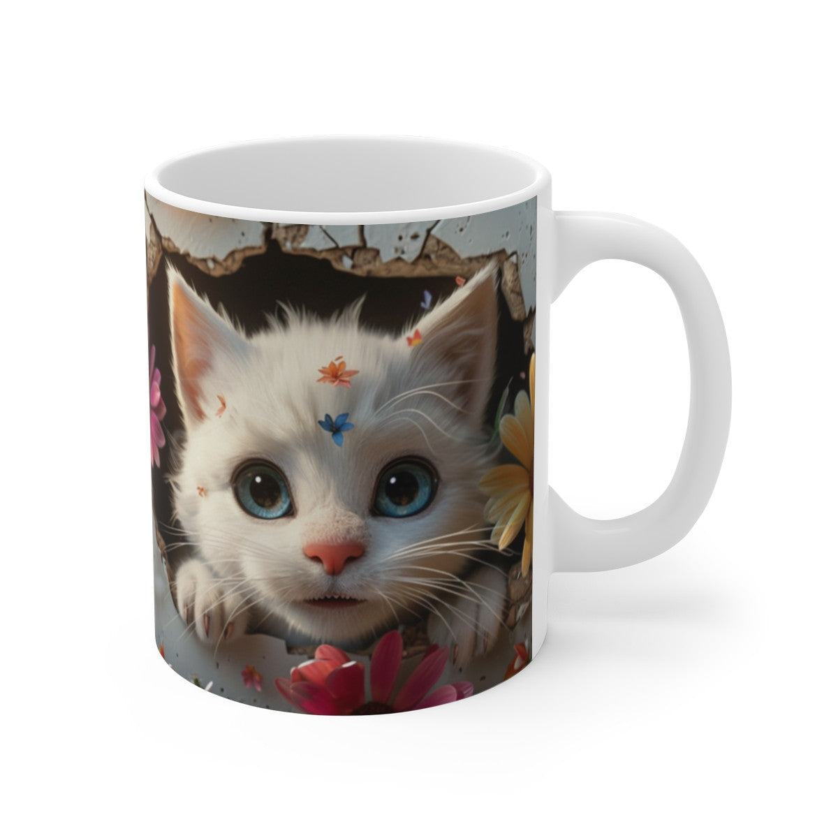 Mug Chat Blanc Fleurs 3D – Tasse Céramique 325ml – Design Chaton aux Yeux Bleus et Fleurs Colorées