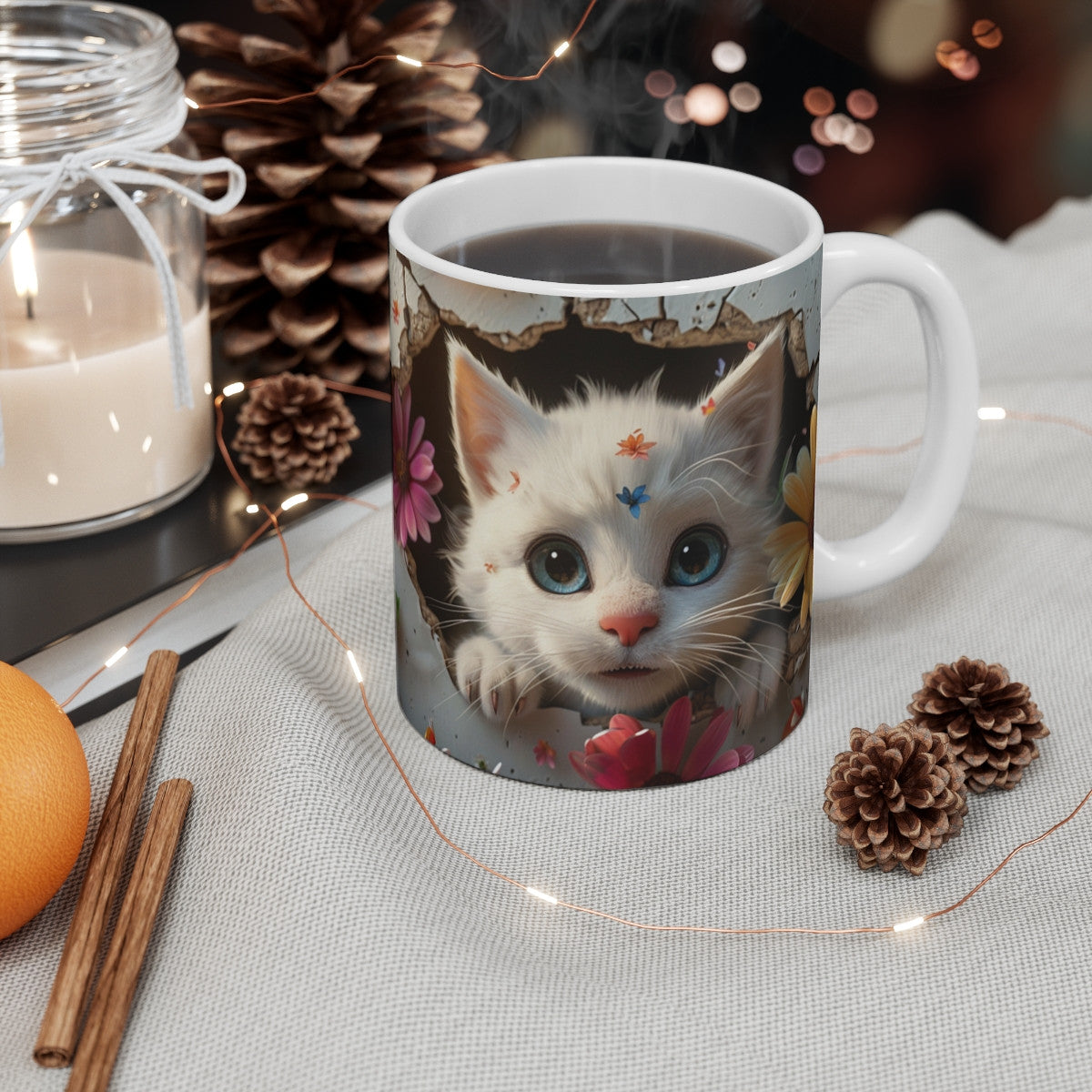 Mug Chat Blanc Fleurs 3D – Tasse Céramique 325ml – Design Chaton aux Yeux Bleus et Fleurs Colorées