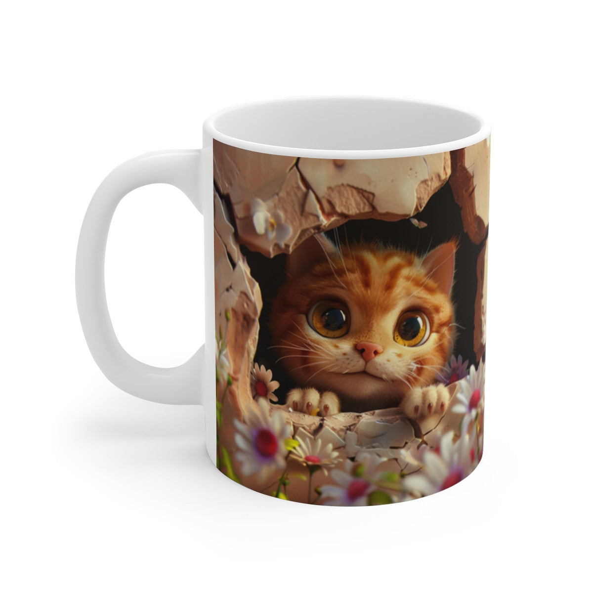 Mug Chat Roux 3D – Tasse Céramique 325ml – Chaton aux Yeux Dorés et Marguerites