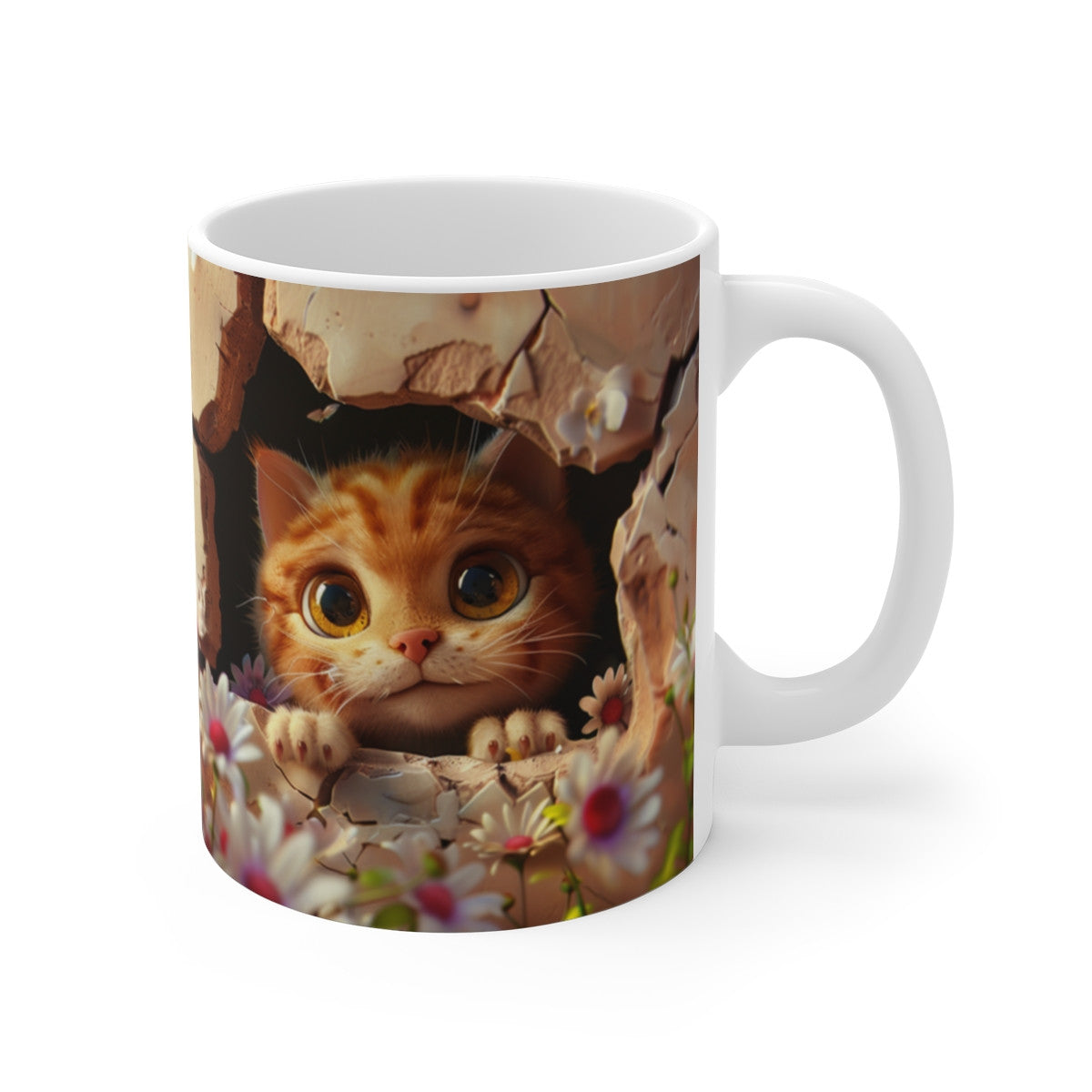 Mug Chat Roux 3D – Tasse Céramique 325ml – Chaton aux Yeux Dorés et Marguerites