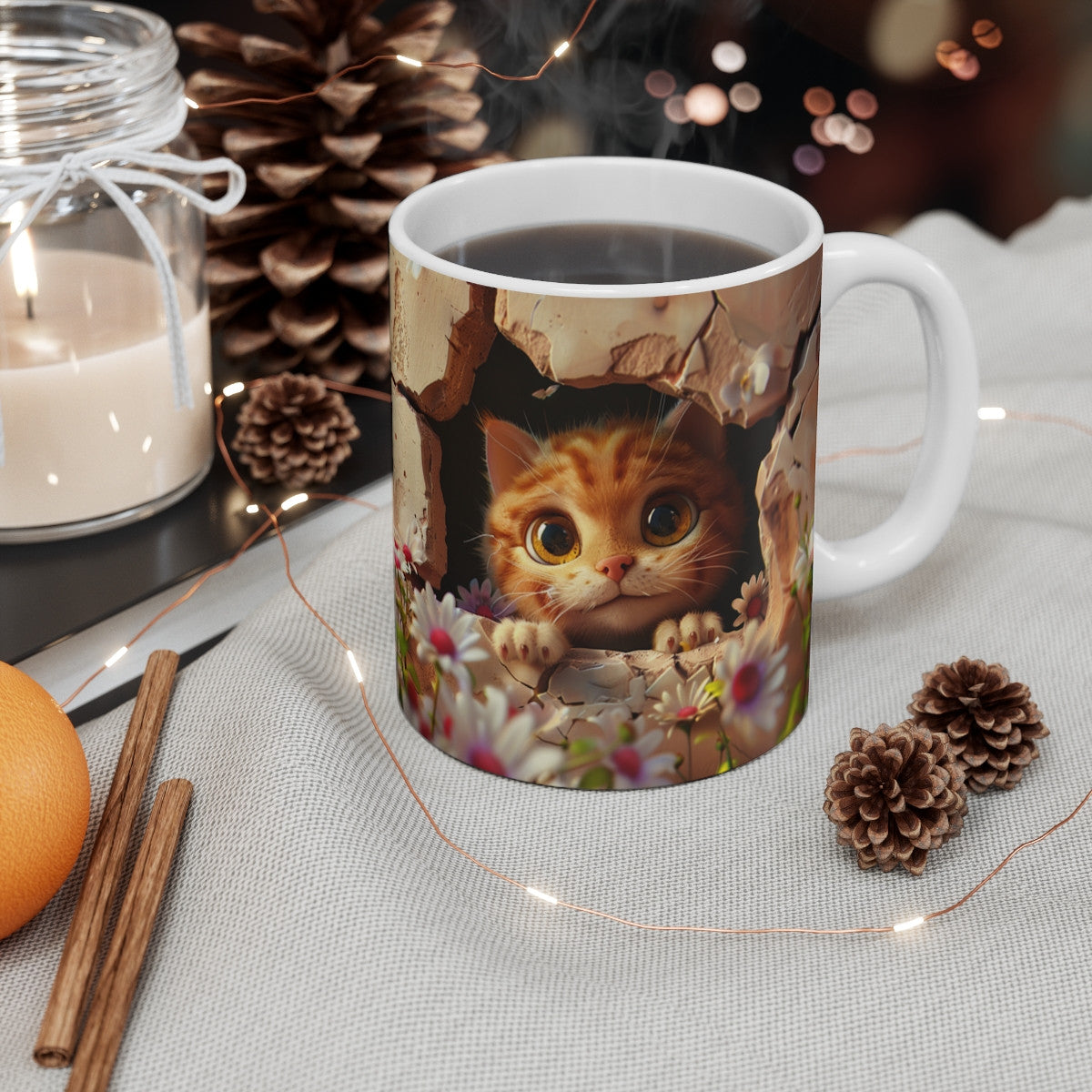 Mug Chat Roux 3D – Tasse Céramique 325ml – Chaton aux Yeux Dorés et Marguerites
