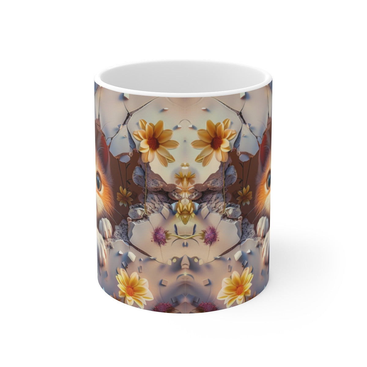 Mug Chaton Roux et Blanc 3D – Tasse Céramique 325ml – Design Chat Mignon et Fleurs Jaunes