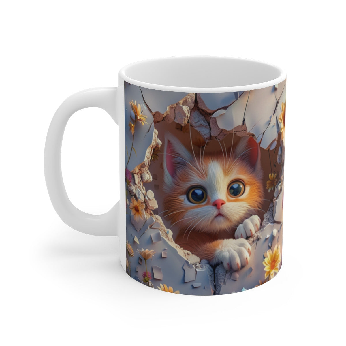 Mug Chaton Roux et Blanc 3D – Tasse Céramique 325ml – Design Chat Mignon et Fleurs Jaunes