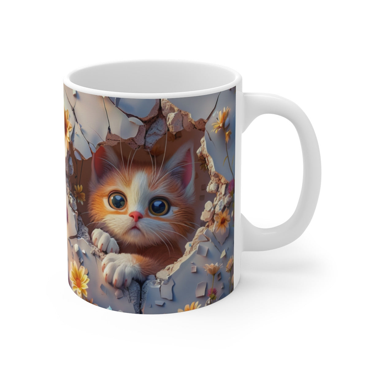 Mug Chaton Roux et Blanc 3D – Tasse Céramique 325ml – Design Chat Mignon et Fleurs Jaunes