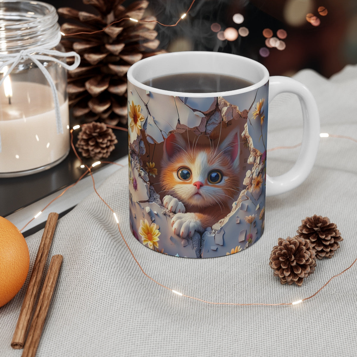 Mug Chaton Roux et Blanc 3D – Tasse Céramique 325ml – Design Chat Mignon et Fleurs Jaunes