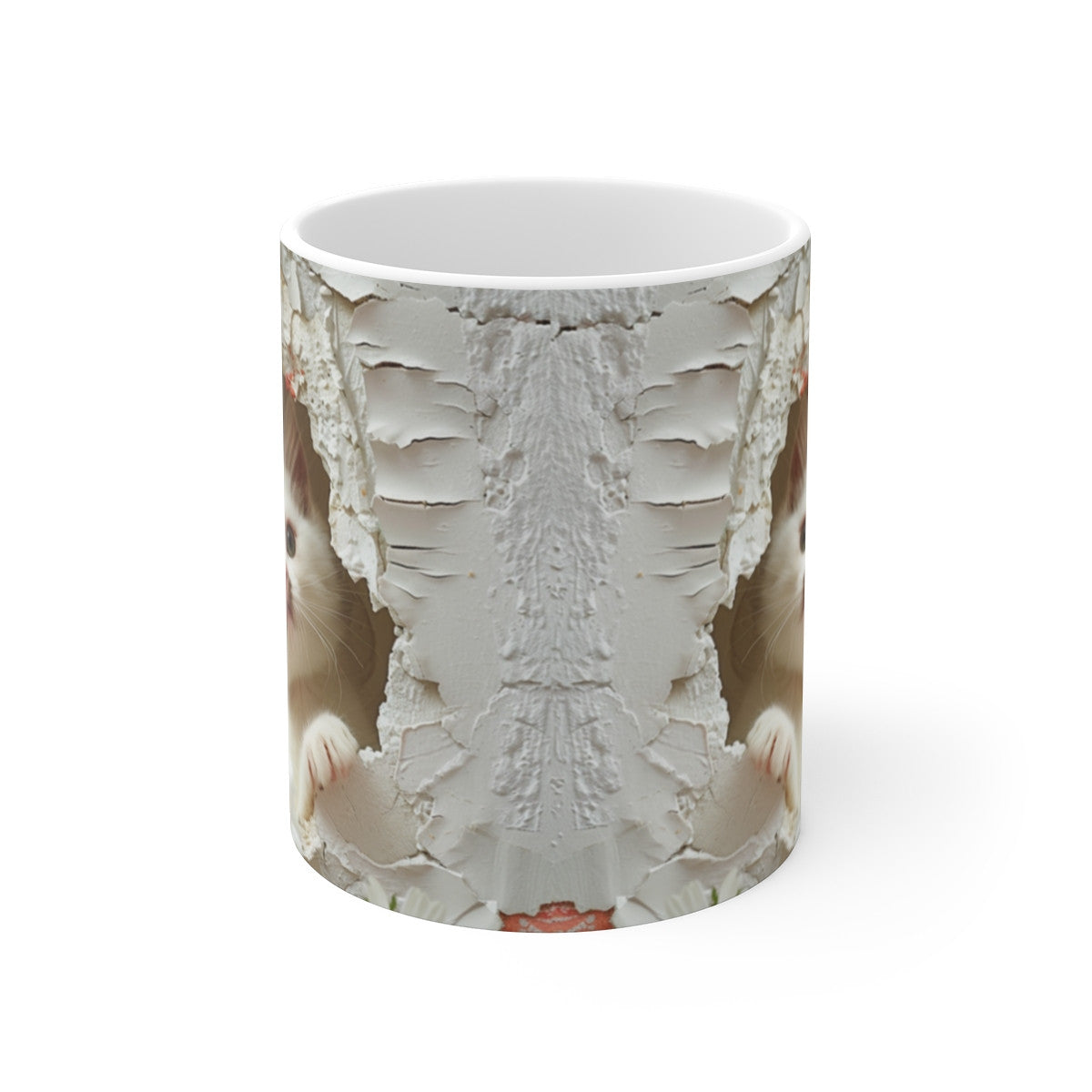 Mug Chat Blanc 3D – Tasse Céramique 325ml – Chaton Curieux et Fleurs Colorées