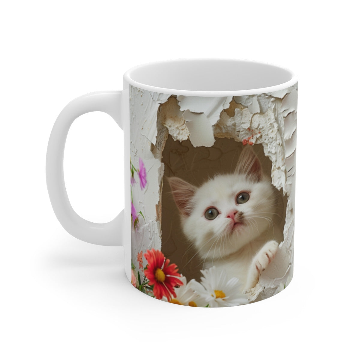 Mug Chat Blanc 3D – Tasse Céramique 325ml – Chaton Curieux et Fleurs Colorées
