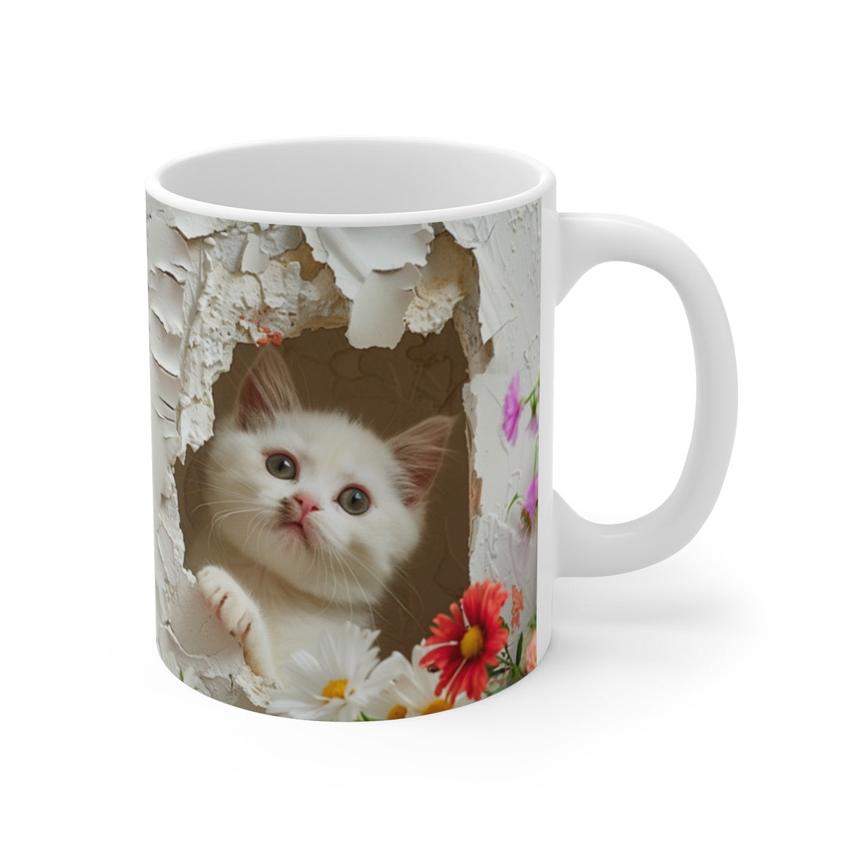 Mug Chat Blanc 3D – Tasse Céramique 325ml – Chaton Curieux et Fleurs Colorées